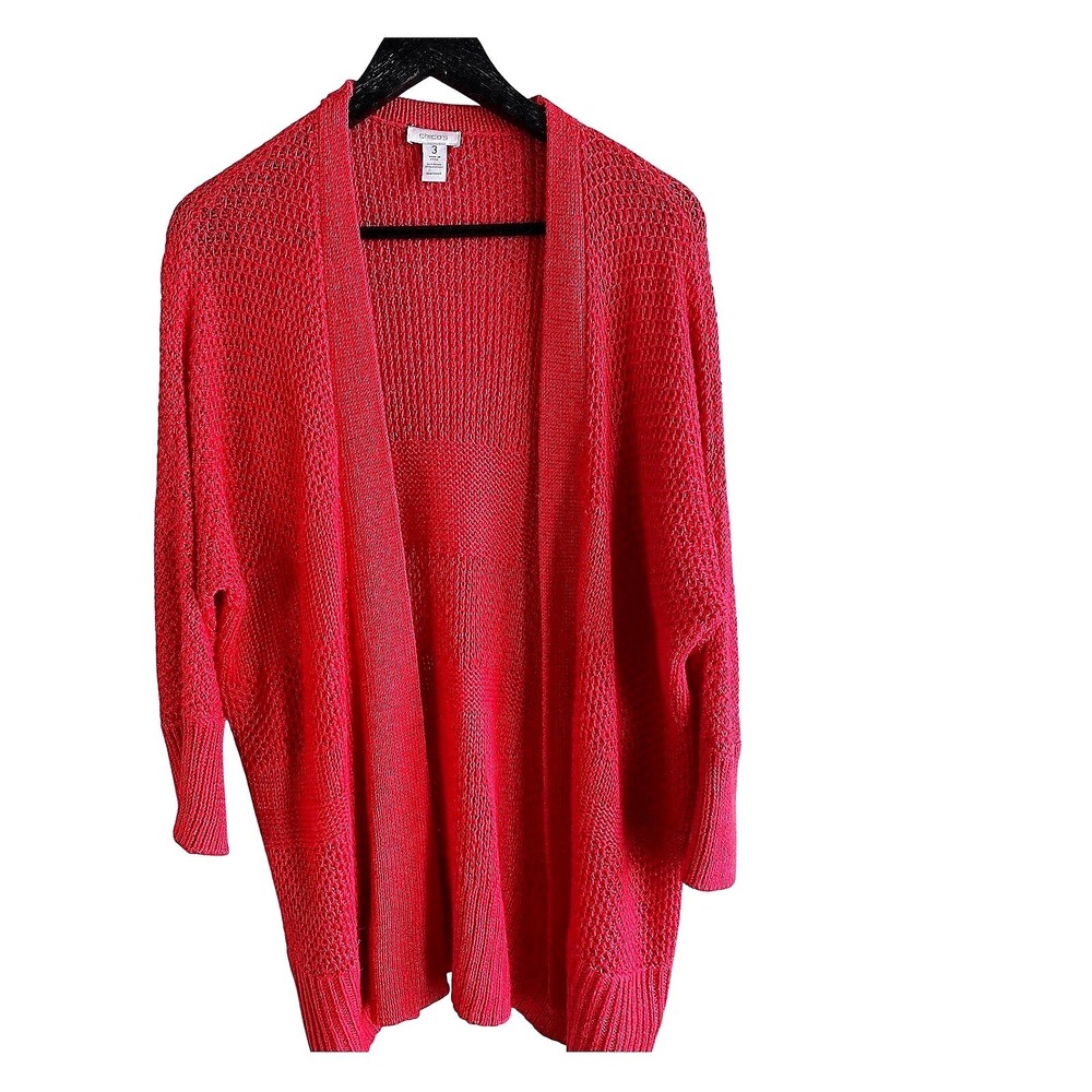 Chicos Red Open Front Cardigan Size 3 XL Ramie Viscose Knit Relaxed Layering